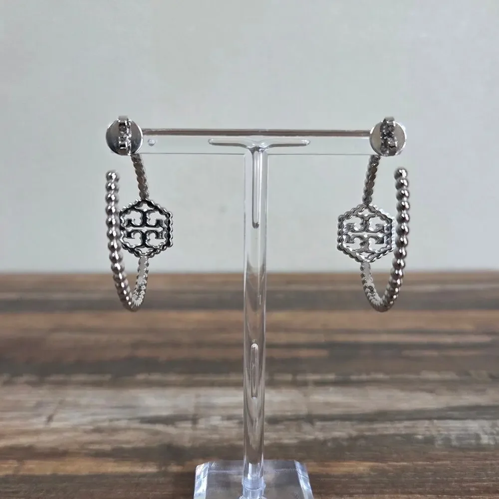 Tory Burch Silver Milgrain Hexagon Double T Logo Hoop Earrings